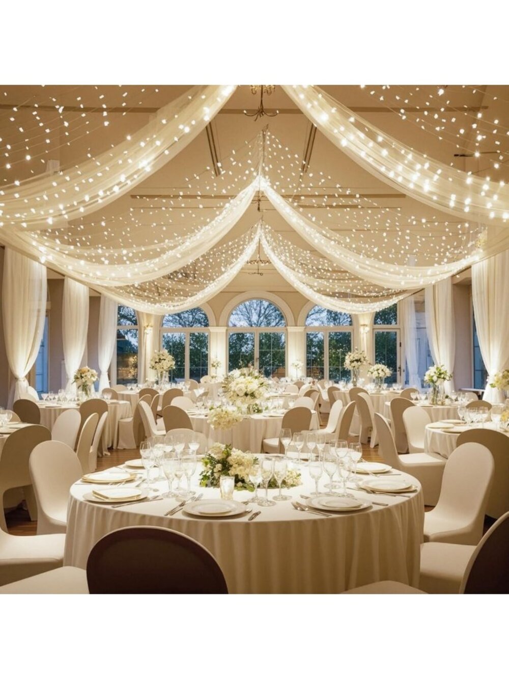Ivory Sheer Tulle Drapes with String Lights - 6 Panels 5ftx10ft Wedding Backdrop